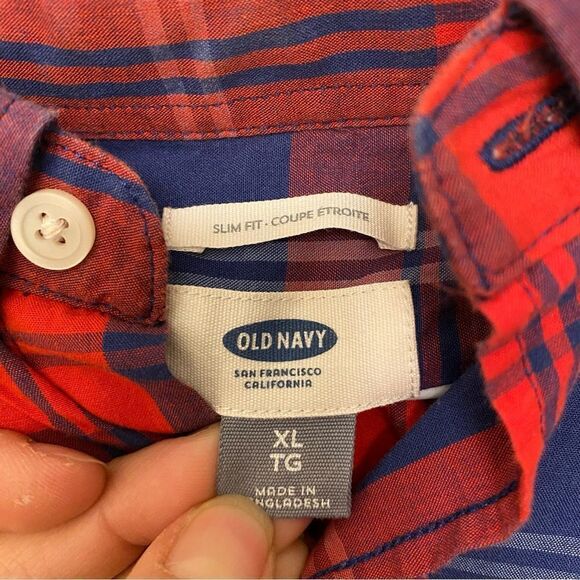 Old Navy red white Blue Striped Plaid Button Up Shirt long sleeve slim fit XL - Picture 5 of 9